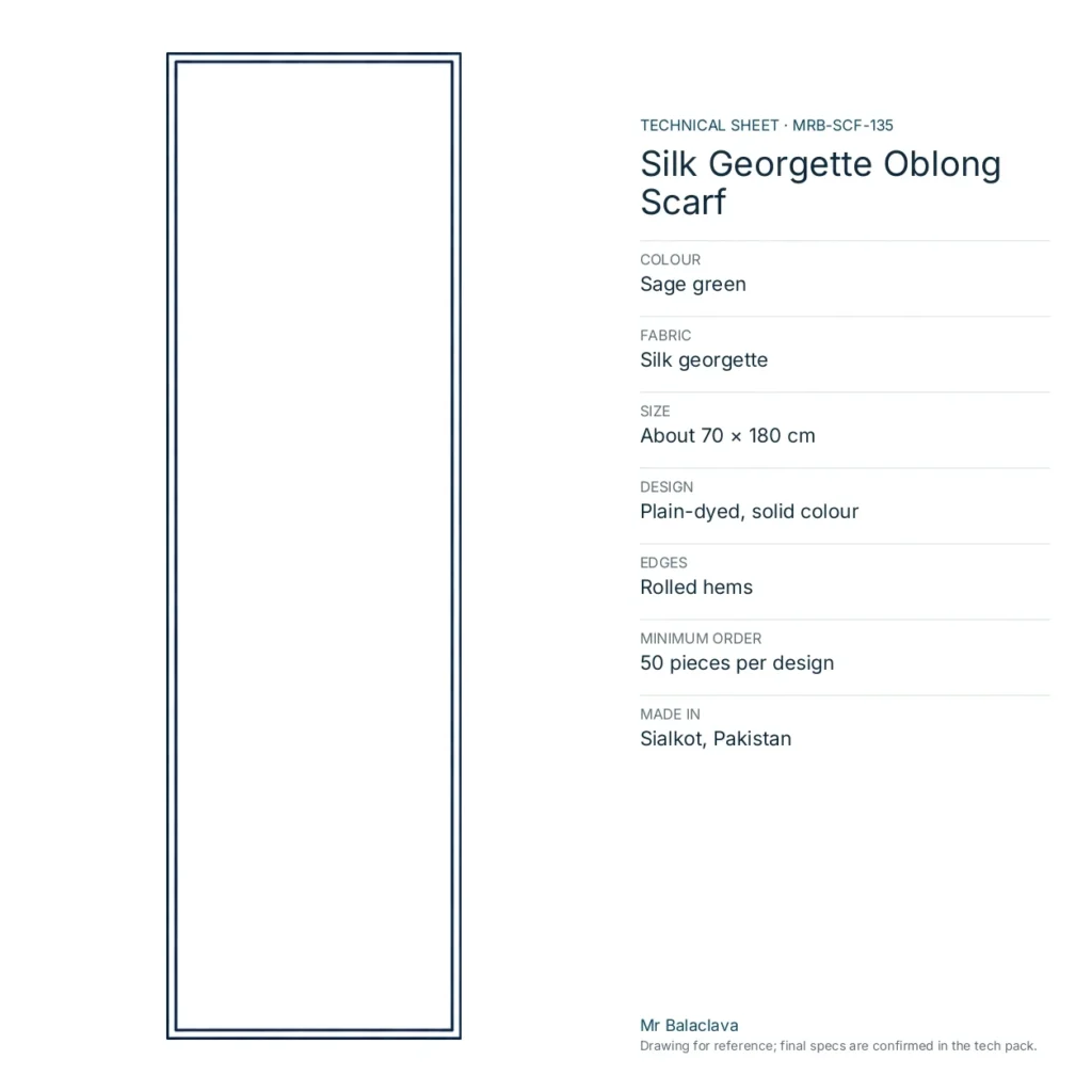 Technical drawing of the Silk Georgette Oblong Scarf (sage green) with fabric, size, design and minimum order