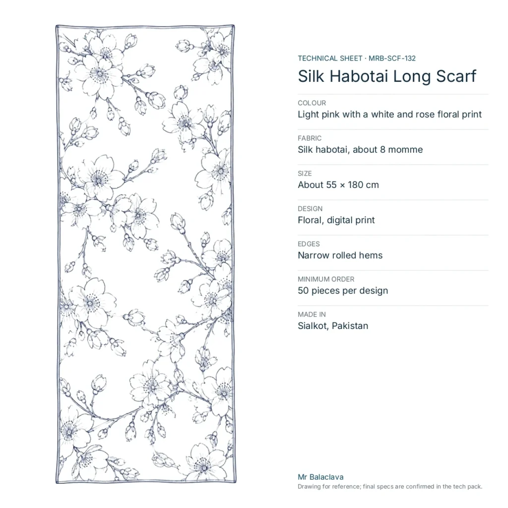 Technical drawing of the Silk Habotai Long Scarf (light pink with a white and rose floral print) with fabric, size, design and minimum order