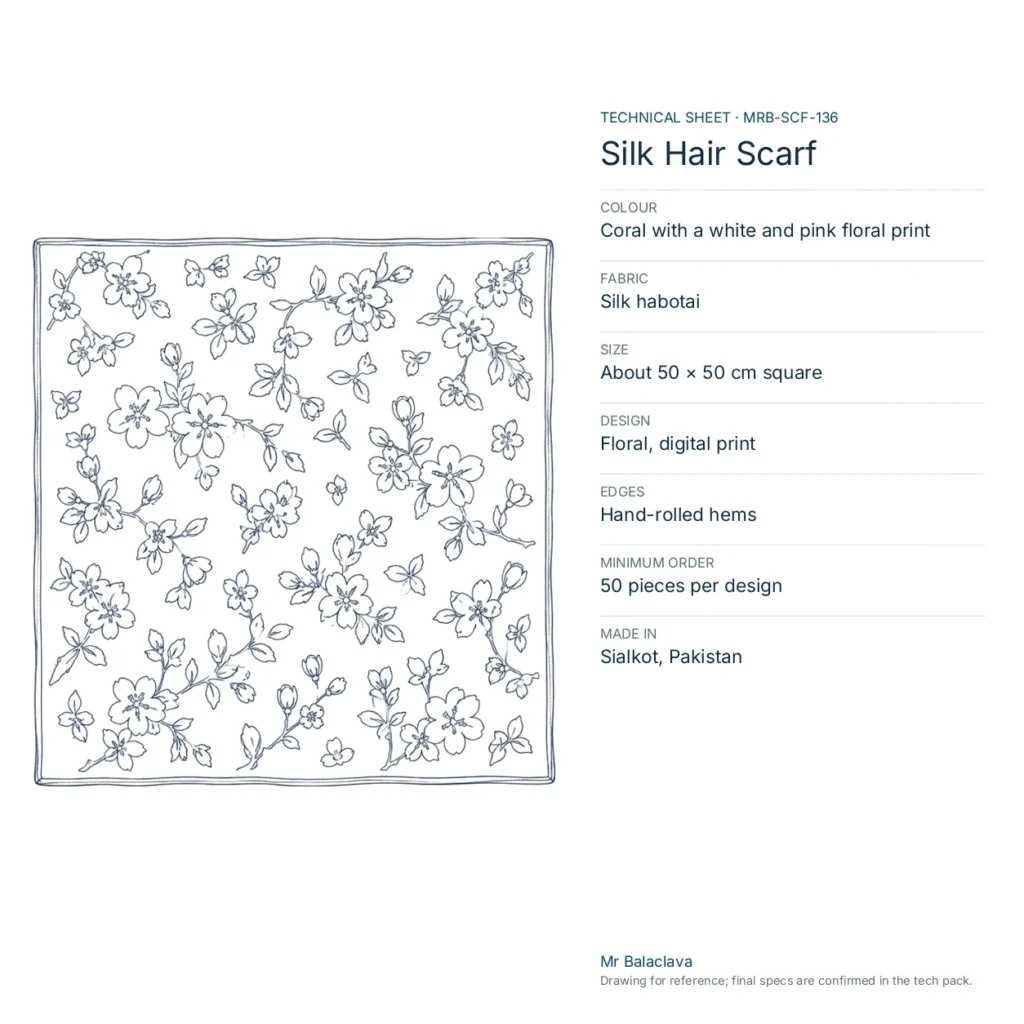 Technical drawing of the Silk Hair Scarf (coral with a white and pink floral print) with fabric, size, design and minimum order