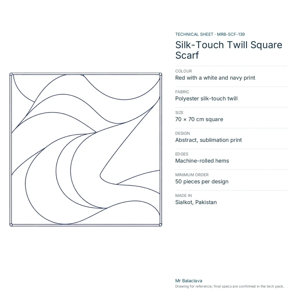 Technical drawing of the Silk-Touch Twill Square Scarf (red with a white and navy print) with fabric, size, design and minimum order
