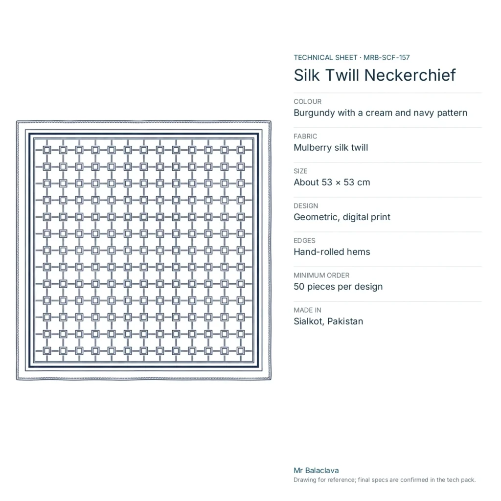 Technical drawing of the Silk Twill Neckerchief (burgundy with a cream and navy pattern) with fabric, size, design and minimum order