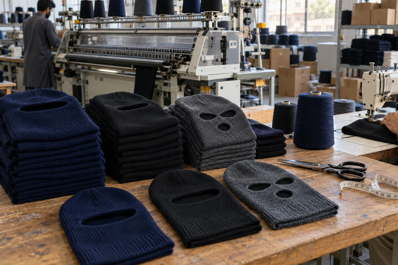 Knitted ski masks on a workshop table in front of a flat knitting machine, with yarn cones and a sewing machine