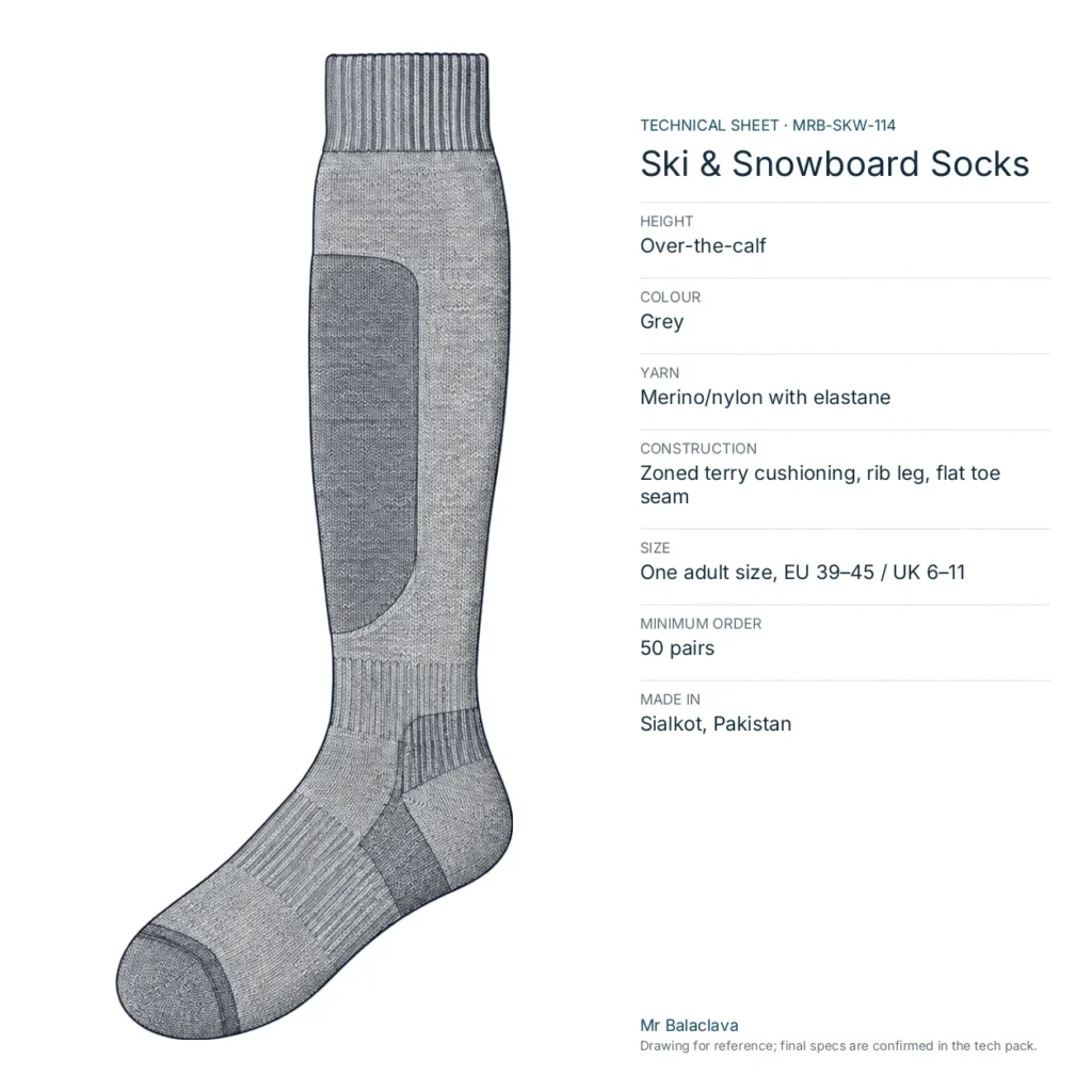 Technical drawing of the grey Ski & Snowboard Socks with height, yarn, size and minimum order