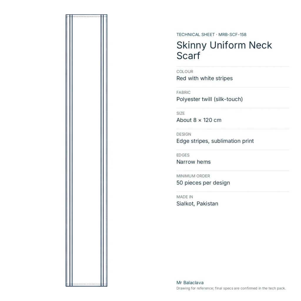 Technical drawing of the Skinny Uniform Neck Scarf (red with white stripes) with fabric, size, design and minimum order