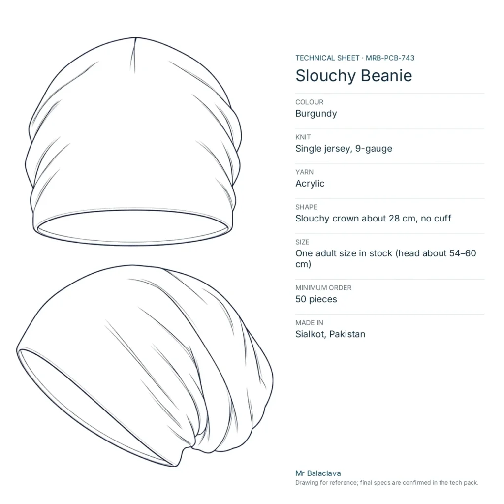 Technical drawing of the burgundy Slouchy Beanie with yarn, knit, size and minimum order