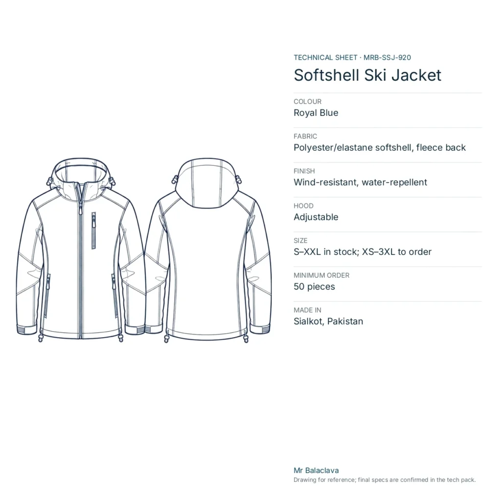 Technical drawing of the royal blue Softshell Ski Jacket with fabric, construction, size and minimum order