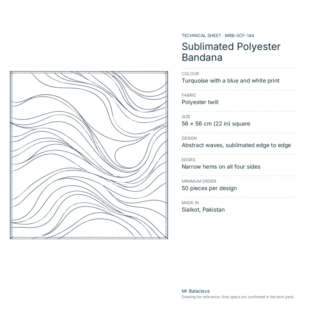 Technical drawing of the Sublimated Polyester Bandana (turquoise with a blue and white print) with fabric, size, design and minimum order