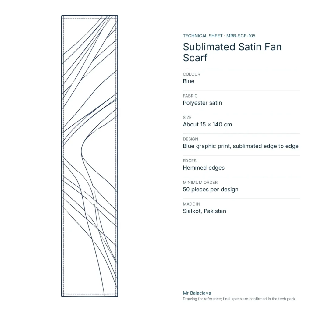 Technical drawing of the Sublimated Satin Fan Scarf (blue) with fabric, size, design and minimum order
