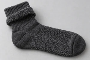 Frottee-Strick für Socken: anthrazitfarbene Sportsocke, teilweise auf links gedreht, um die Frotteeschlingen zu zeigen