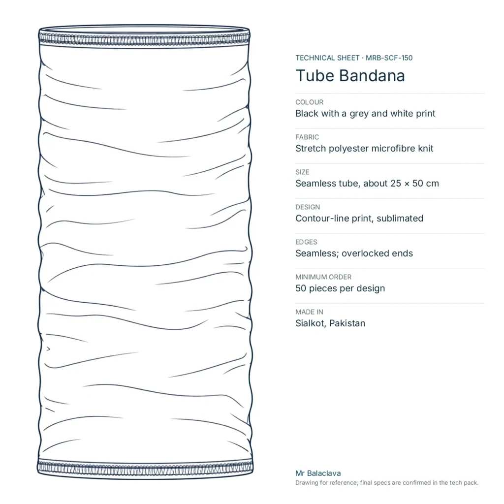 Technical drawing of the Tube Bandana (black with a grey and white print) with fabric, size, design and minimum order