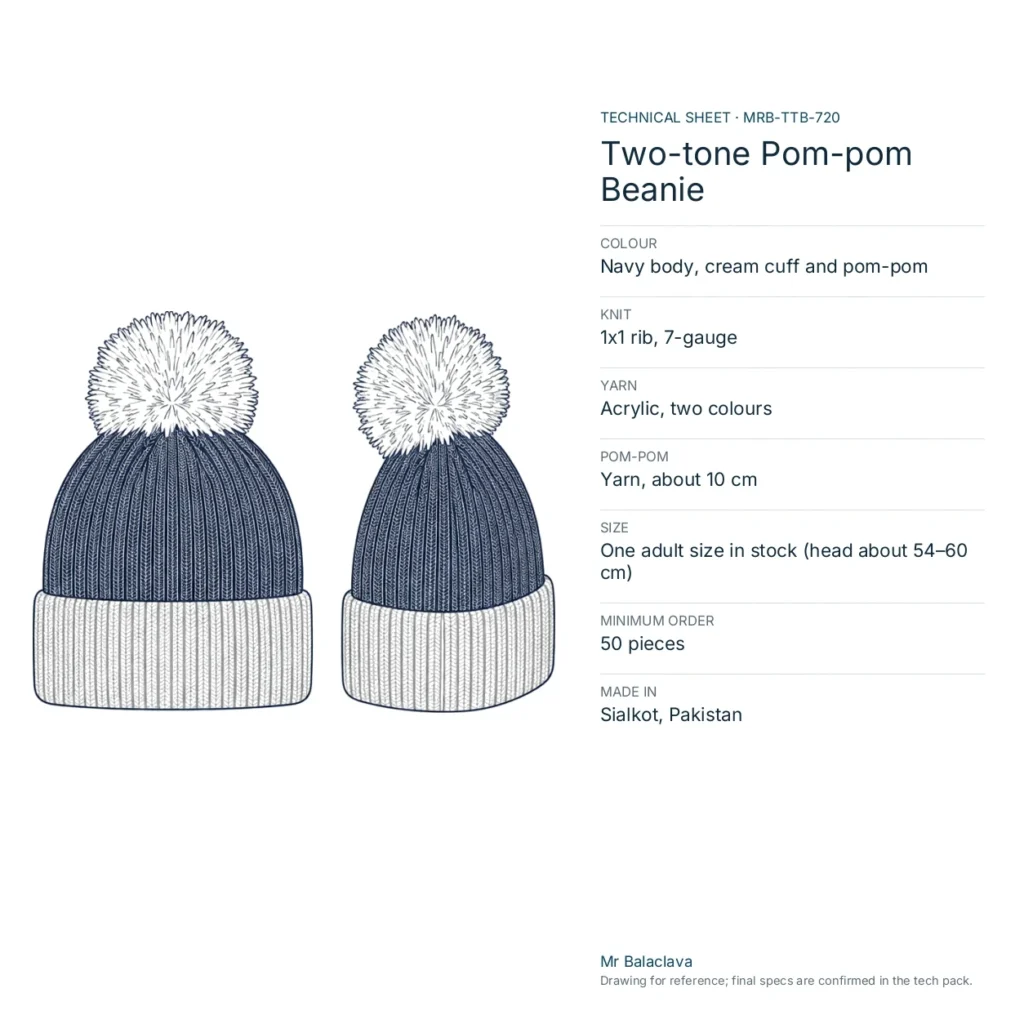 Technical drawing of the navy body, cream cuff and pom-pom Two-tone Pom-pom Beanie with yarn, knit, size and minimum order