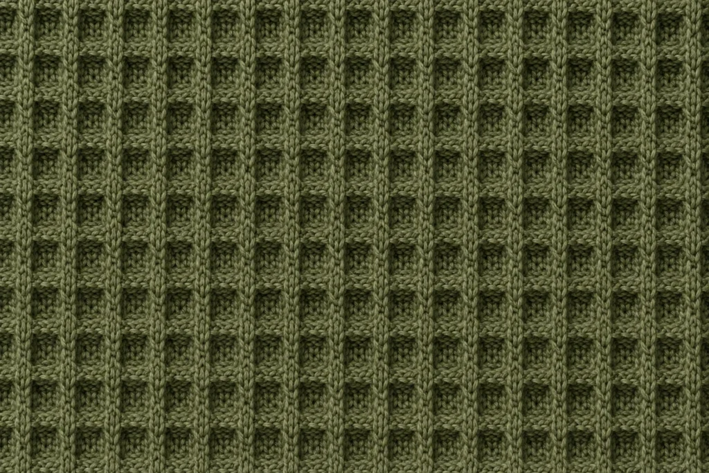 Punto gofre y nido de abeja: primer plano de punto gofre verde oliva con una cuadrícula de pequeñas celdas cuadradas