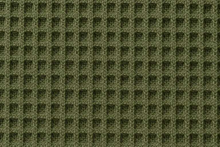 Waffle & Honeycomb Knit: close-up of olive-green waffle knit with a grid of small square pockets