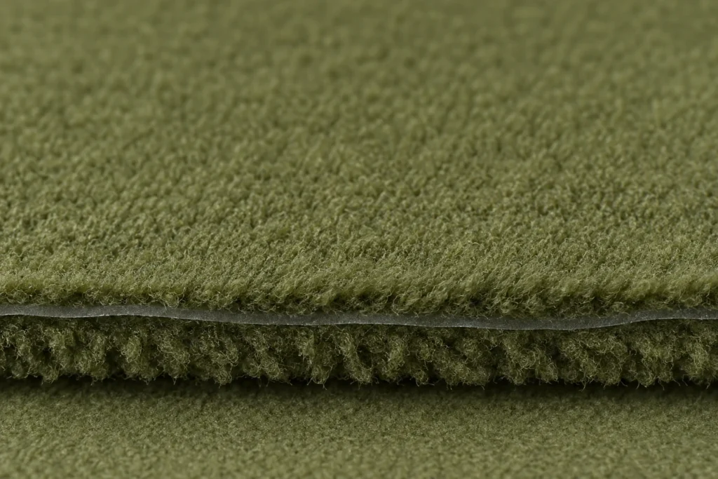 Forro polar laminado cortavientos: primer plano de un forro polar laminado verde oliva con sus capas visibles en el borde