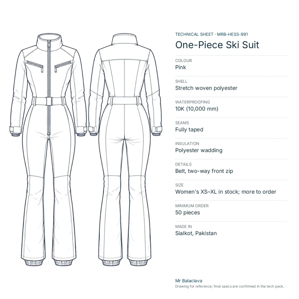 Technical drawing of the pink One-Piece Ski Suit with fabric, construction, size and minimum order
