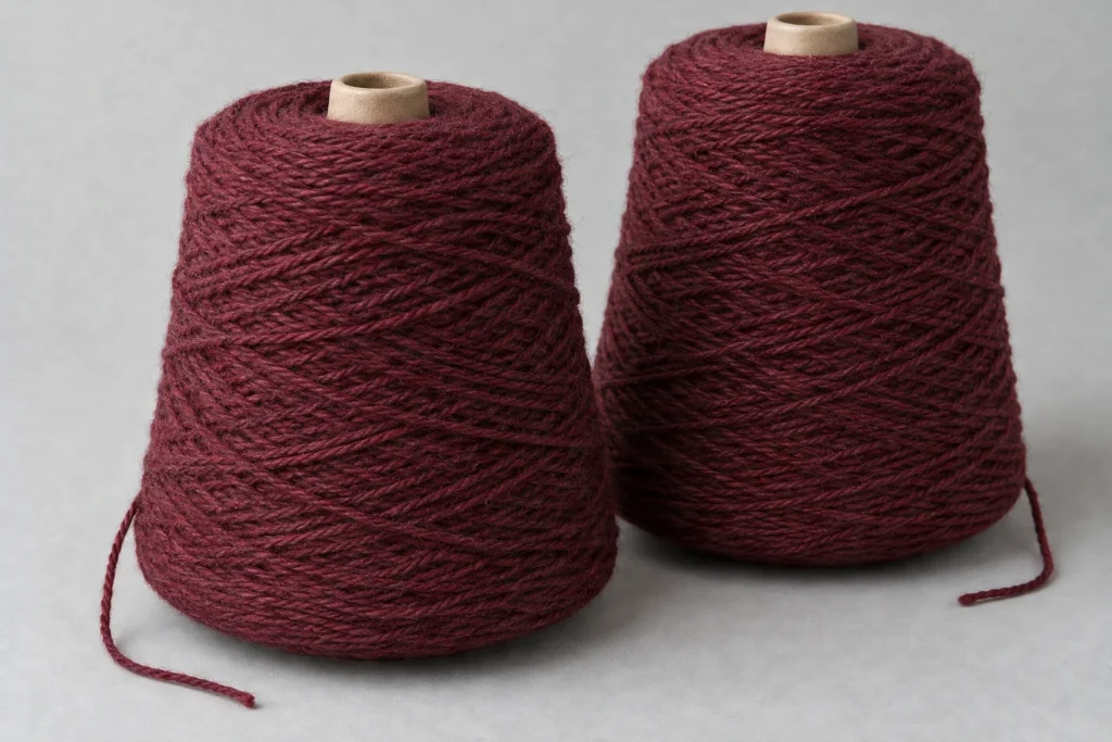 Wool/Acrylic Sock Yarn: two unlabelled cones of burgundy wool and acrylic sock yarn