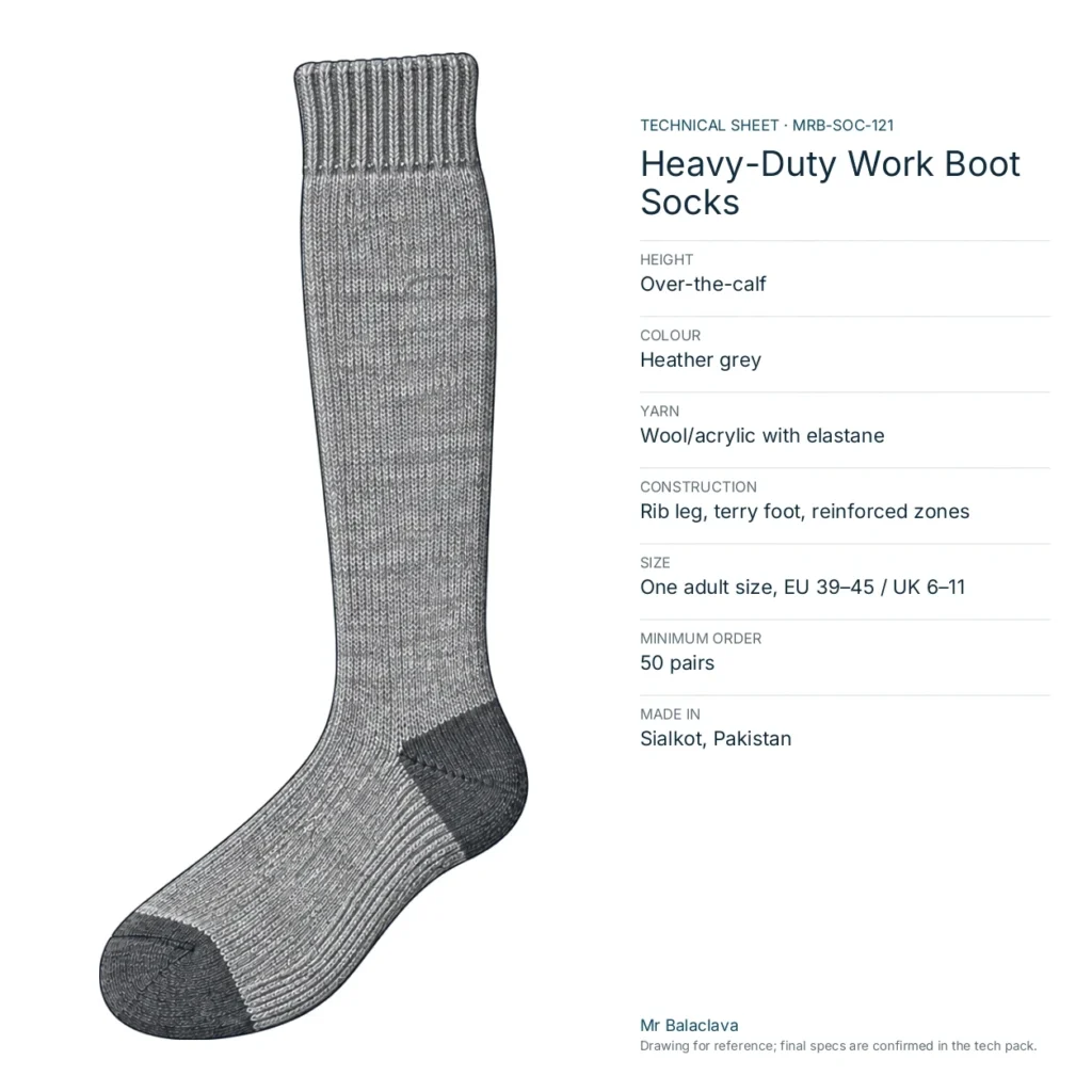 Technical drawing of the heather grey Heavy-Duty Work Boot Socks with height, yarn, size and minimum order